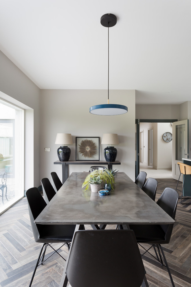 Идея дизайна: большая гостиная-столовая в современном стиле с серыми стенами, полом из керамической плитки, фасадом камина из плитки и коричневым полом