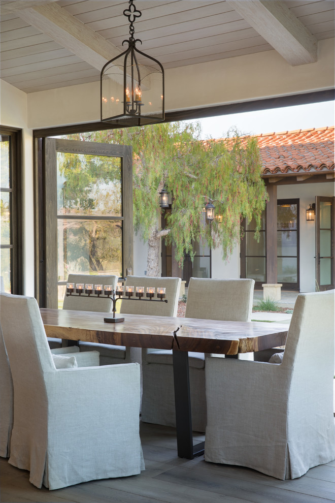 Inspiration for a medium sized classic open plan dining room in Santa Barbara with white walls, no fireplace, beige floors and light hardwood flooring.