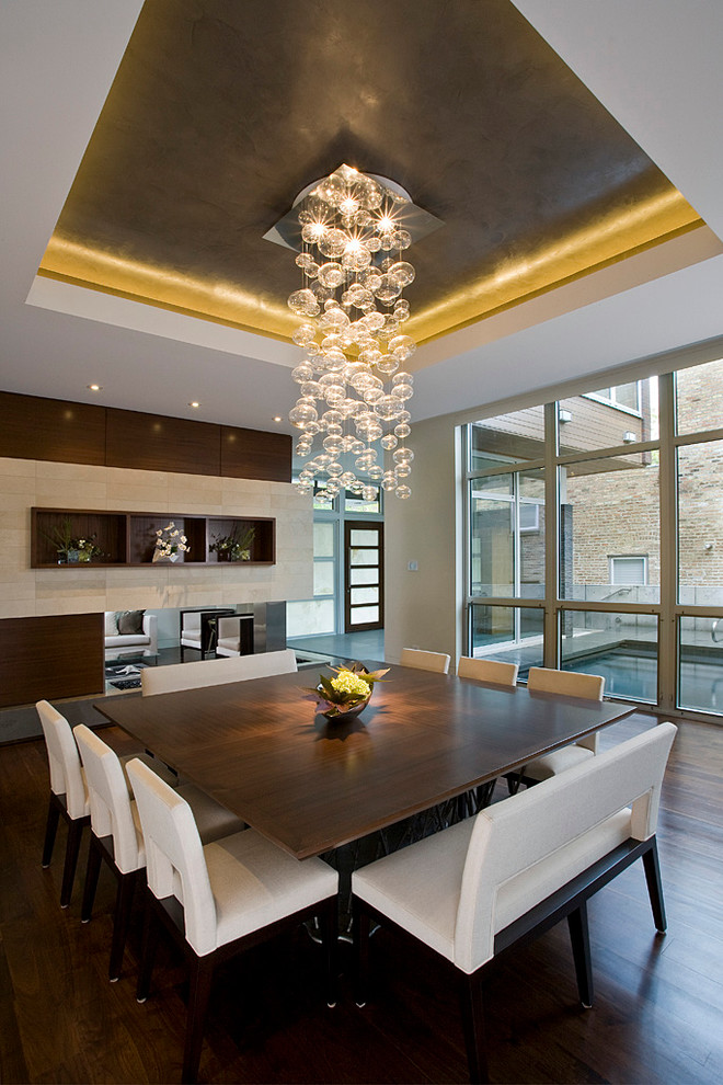 Photo of a contemporary dining room in Chicago with dark hardwood flooring and a two-sided fireplace.