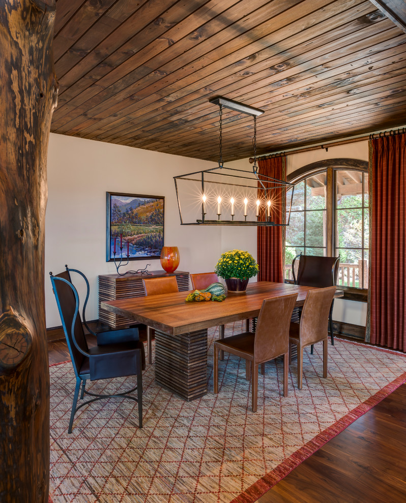 Mountain style medium tone wood floor dining room photo in Charlotte with white walls and no fireplace