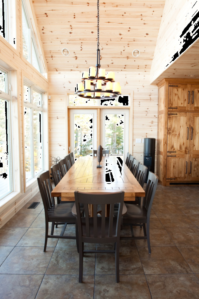 This is an example of a large rustic open plan dining room in Other with beige walls, ceramic flooring and no fireplace.