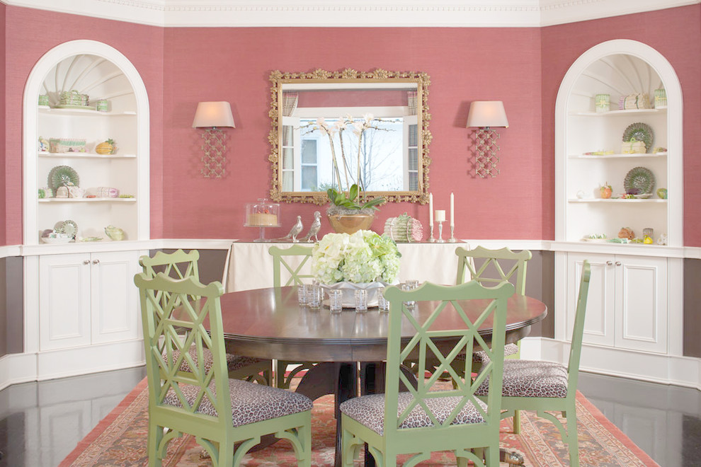 Design ideas for a classic dining room in Denver with pink walls and feature lighting.