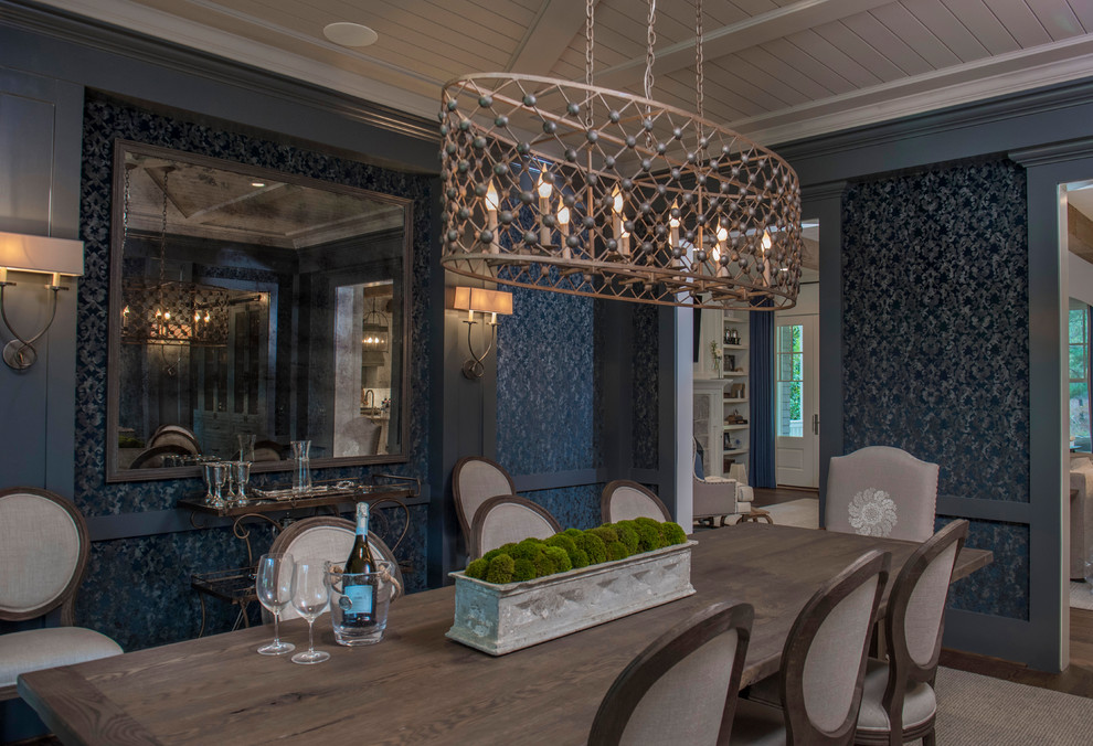 Large transitional dark wood floor and brown floor enclosed dining room photo in Atlanta with blue walls and no fireplace