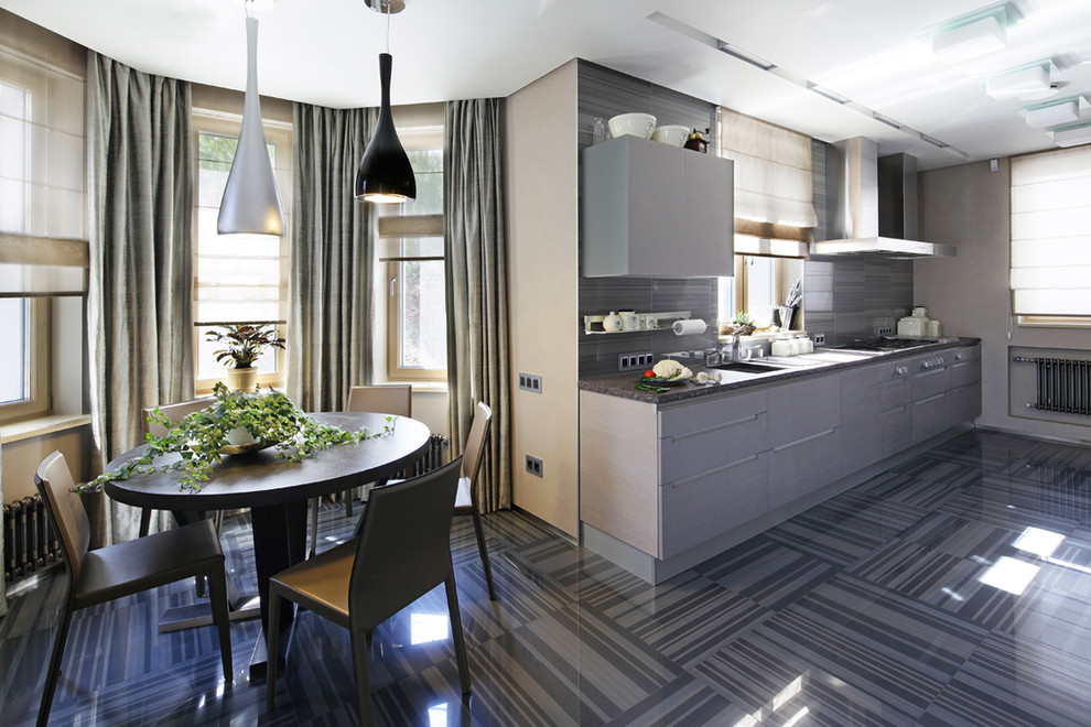 На фото: кухня-столовая среднего размера в современном стиле с серыми стенами и полом из керамической плитки с