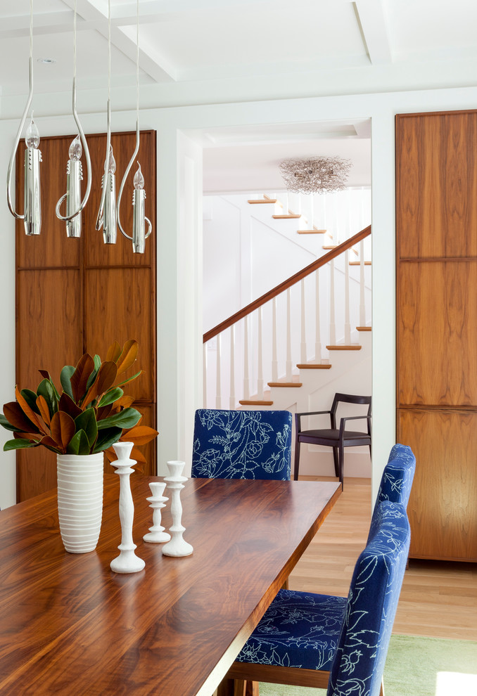 Dining room - contemporary medium tone wood floor dining room idea in Boston with white walls