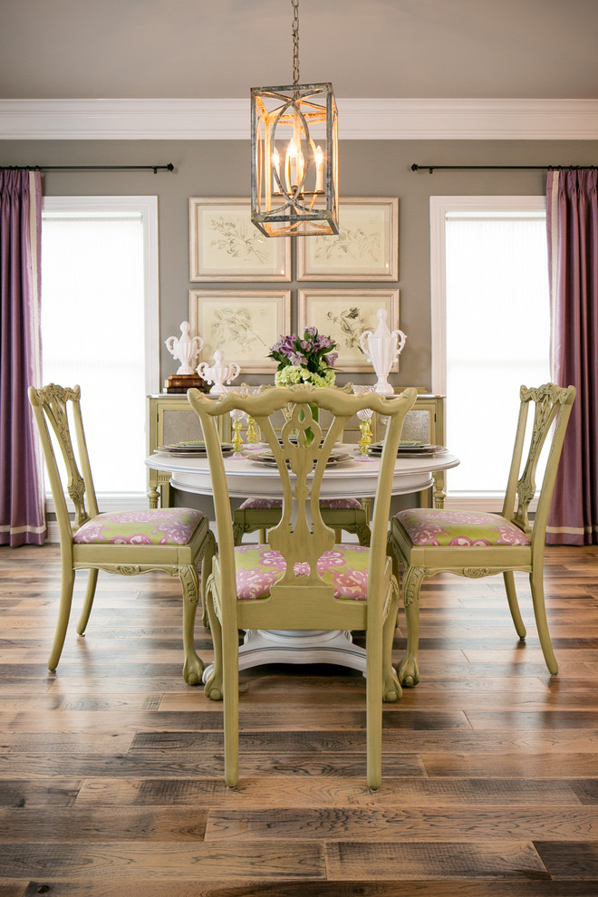 Dining room - traditional dark wood floor dining room idea in Louisville with gray walls