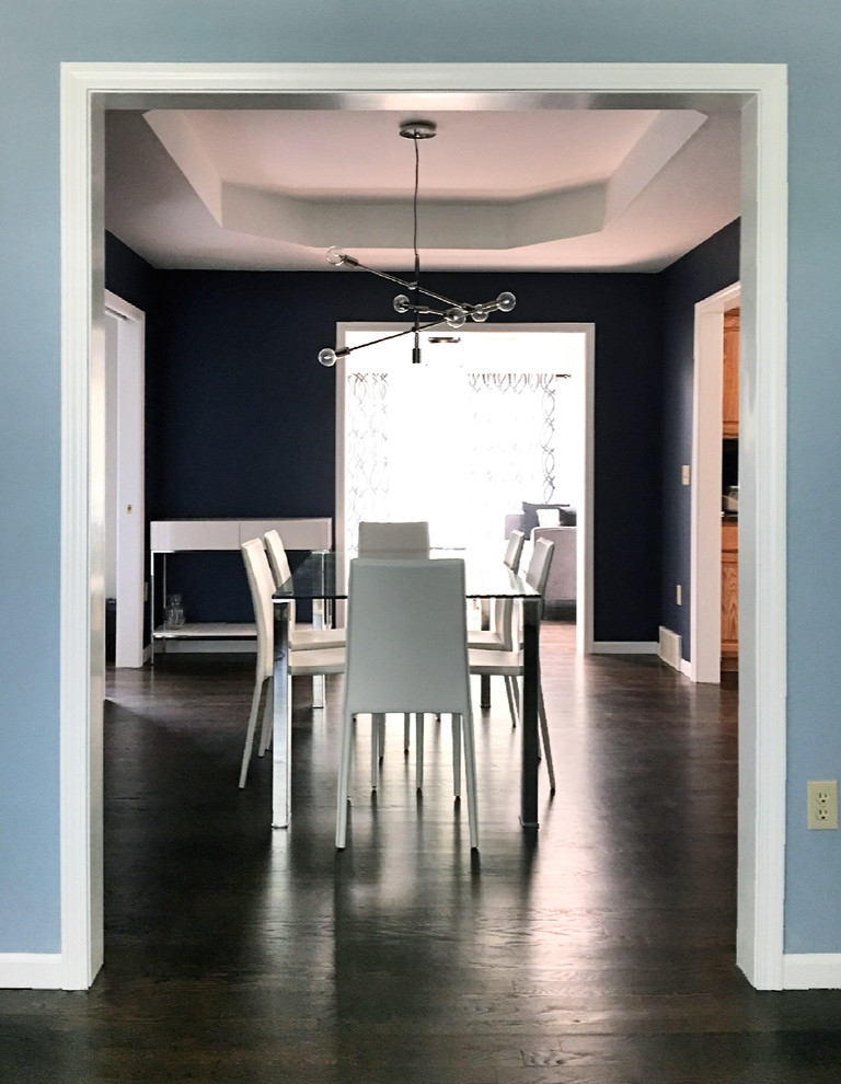Foto de comedor actual de tamaño medio cerrado sin chimenea con paredes azules y suelo de madera oscura