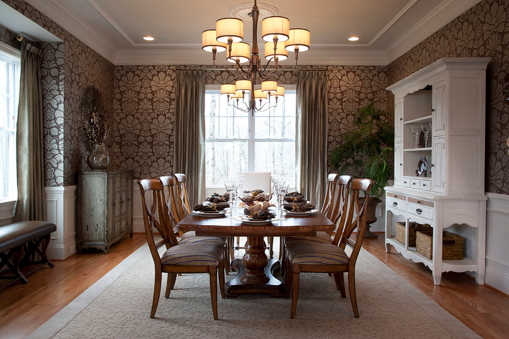 Inspiration for a traditional dining room in Baltimore with multi-coloured walls, medium hardwood flooring and no fireplace.