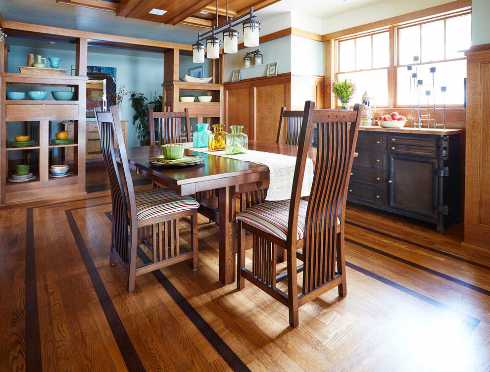 Cette image montre une salle à manger craftsman fermée et de taille moyenne avec un mur blanc, un sol en bois brun et éclairage.