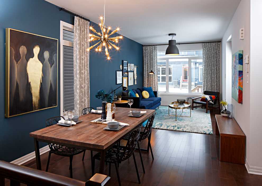 Dining room - contemporary dark wood floor dining room idea in Ottawa with blue walls and no fireplace