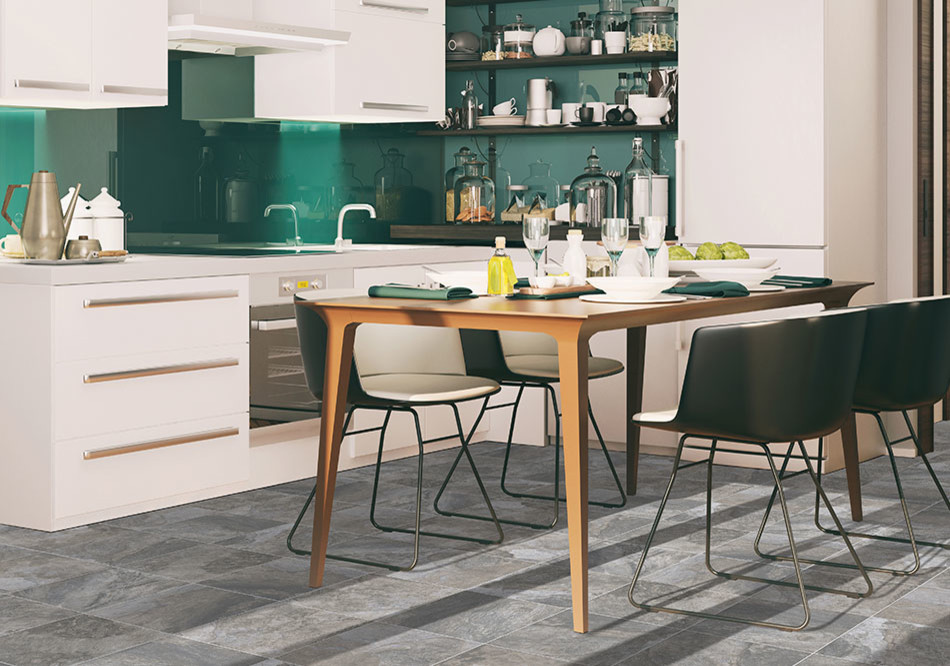 Idee per una sala da pranzo aperta verso la cucina minimalista con pareti multicolore, pavimento in linoleum e pavimento multicolore