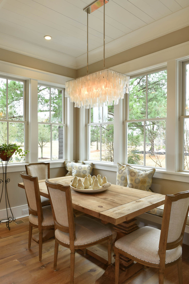 Inspiration for a transitional medium tone wood floor kitchen/dining room combo remodel in Charleston with beige walls