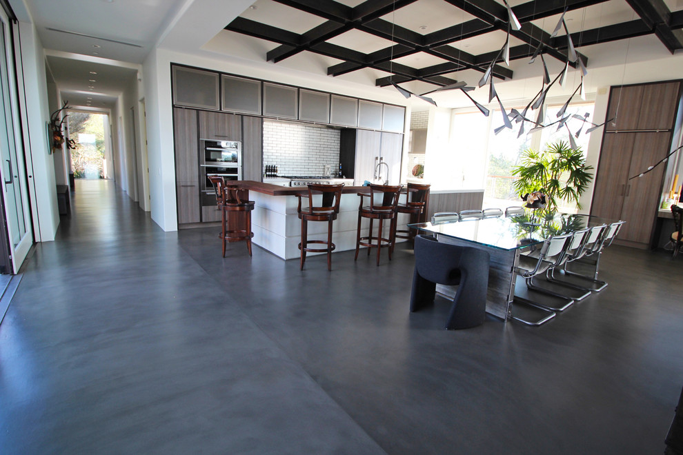 Foto di una grande sala da pranzo aperta verso la cucina minimal con pareti bianche, pavimento in cemento, nessun camino e pavimento grigio