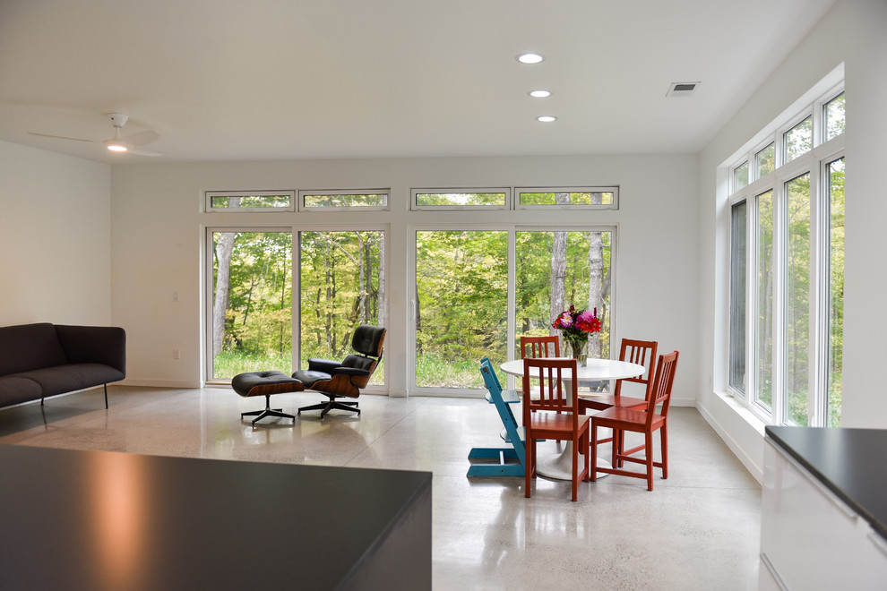 Cette photo montre une salle à manger ouverte sur le salon moderne avec un mur blanc, sol en béton ciré et un sol gris.