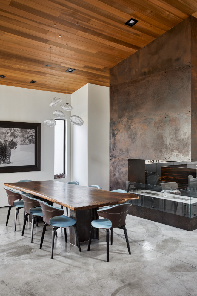Идея дизайна: гостиная-столовая в современном стиле с бетонным полом, двусторонним камином, фасадом камина из металла, белыми стенами, серым полом и деревянным потолком