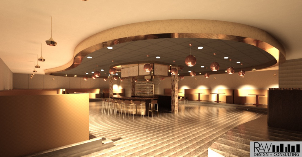 Cette image montre une grande salle à manger ouverte sur le salon design avec un sol en vinyl, aucune cheminée, un mur multicolore, un sol multicolore, un plafond voûté et du lambris.