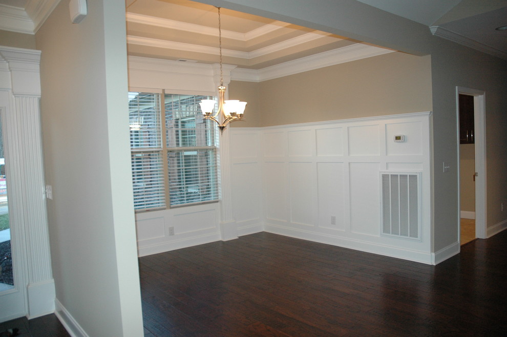 Photo of a medium sized traditional enclosed dining room in Other with beige walls, dark hardwood flooring and no fireplace.
