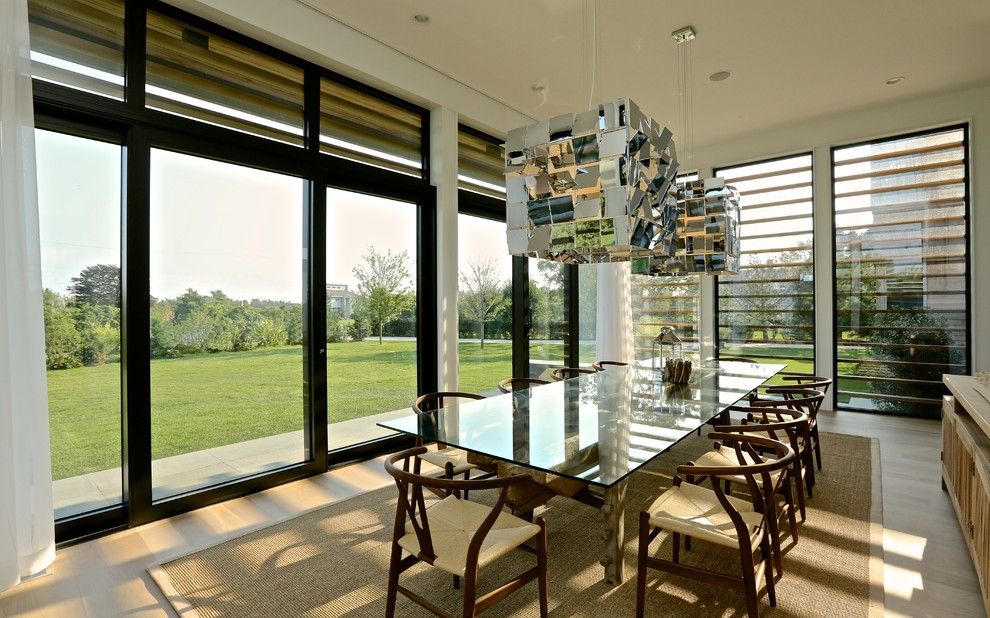 Design ideas for a medium sized contemporary dining room in New York with light hardwood flooring.