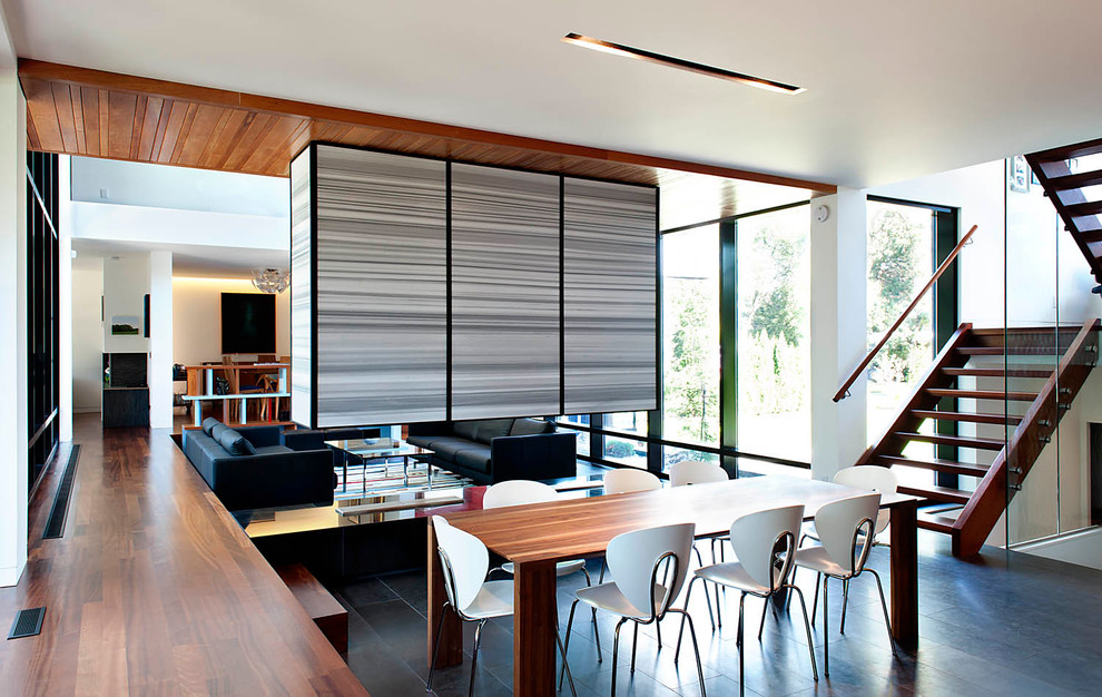Свежая идея для дизайна: гостиная-столовая в современном стиле с двусторонним камином - отличное фото интерьера