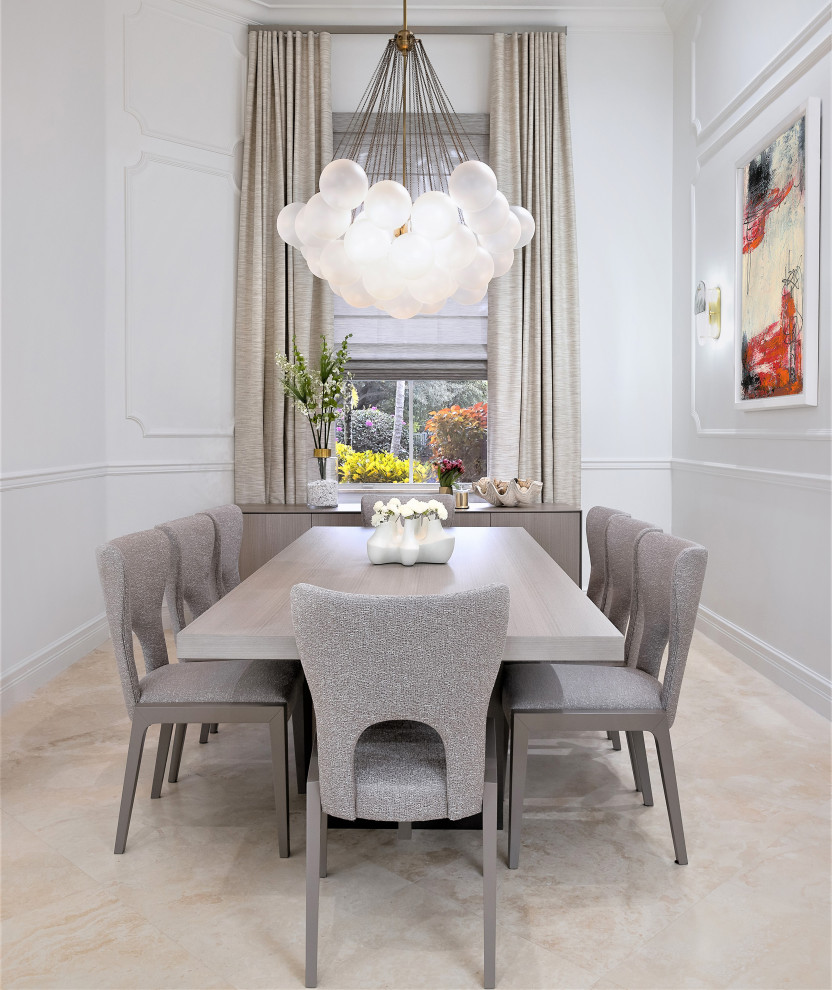 Kitchen/dining room combo - mid-sized transitional marble floor, beige floor and wall paneling kitchen/dining room combo idea in Miami with white walls and no fireplace