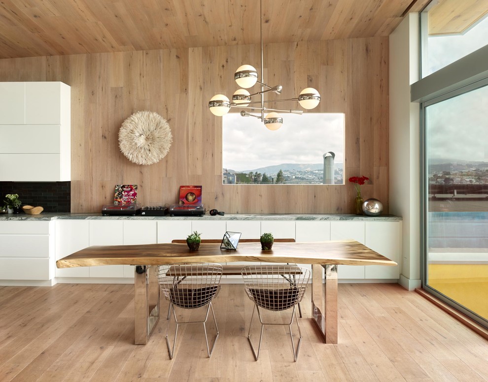 Réalisation d'une salle à manger design fermée et de taille moyenne avec un mur blanc, un sol en bois brun et un sol beige.