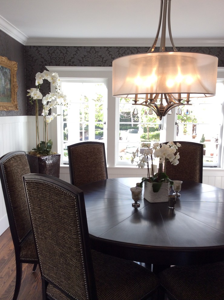 Mid-sized transitional dark wood floor enclosed dining room photo in Santa Barbara with brown walls