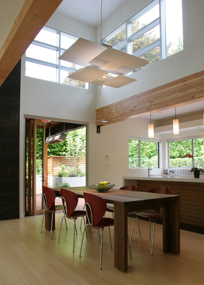 Свежая идея для дизайна: кухня-столовая в стиле модернизм с белыми стенами и светлым паркетным полом - отличное фото интерьера