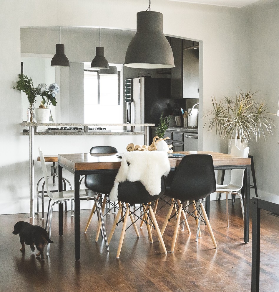 Imagen de comedor de cocina minimalista de tamaño medio con paredes blancas, suelo de madera en tonos medios y suelo marrón