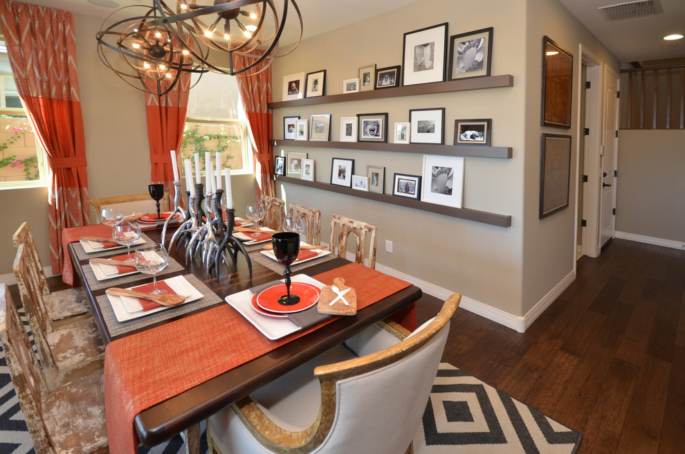 Enclosed dining room - huge contemporary dark wood floor enclosed dining room idea in Phoenix with beige walls