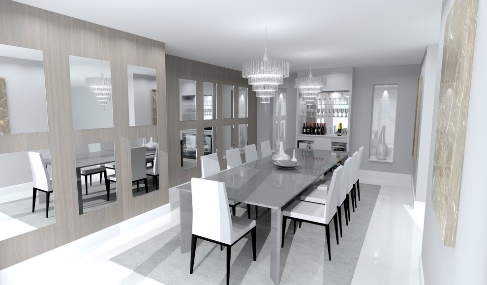 Идея дизайна: большая гостиная-столовая в современном стиле с белыми стенами и полом из керамогранита