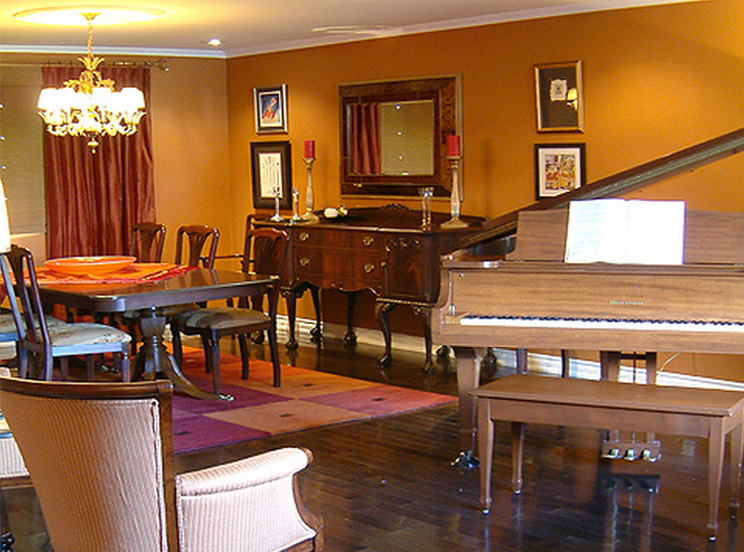 Свежая идея для дизайна: большая гостиная-столовая в стиле фьюжн с оранжевыми стенами и темным паркетным полом - отличное фото интерьера