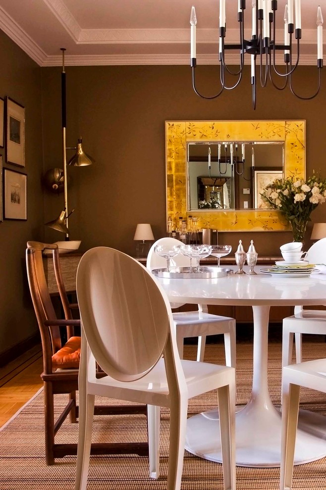 Example of an eclectic dining room design in San Francisco with brown walls