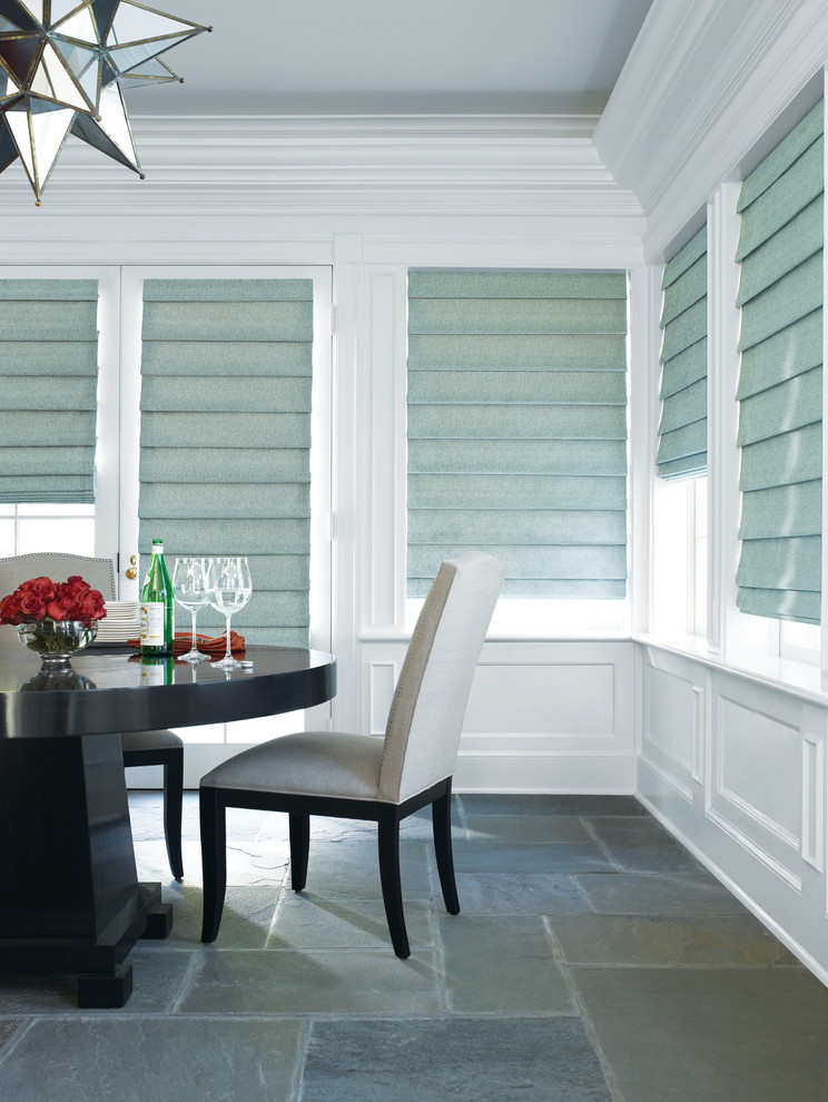 Mid-sized transitional slate floor and multicolored floor enclosed dining room photo in New York with white walls and no fireplace