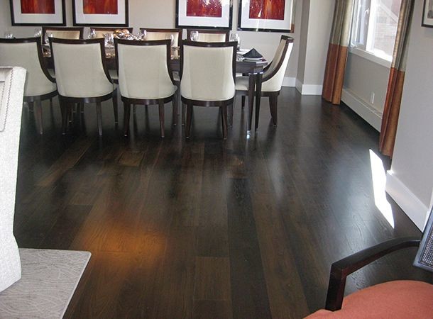 Photo of a medium sized modern open plan dining room in Toronto with grey walls and dark hardwood flooring.