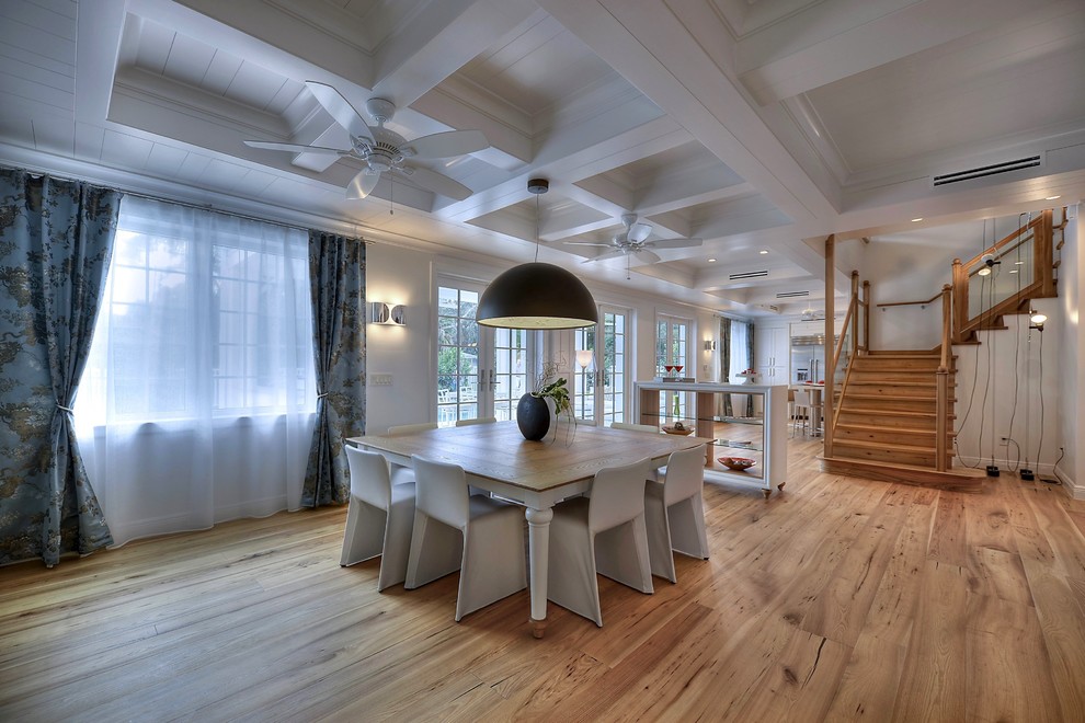 Inspiration for a large contemporary dining room in Miami with white walls and medium hardwood flooring.