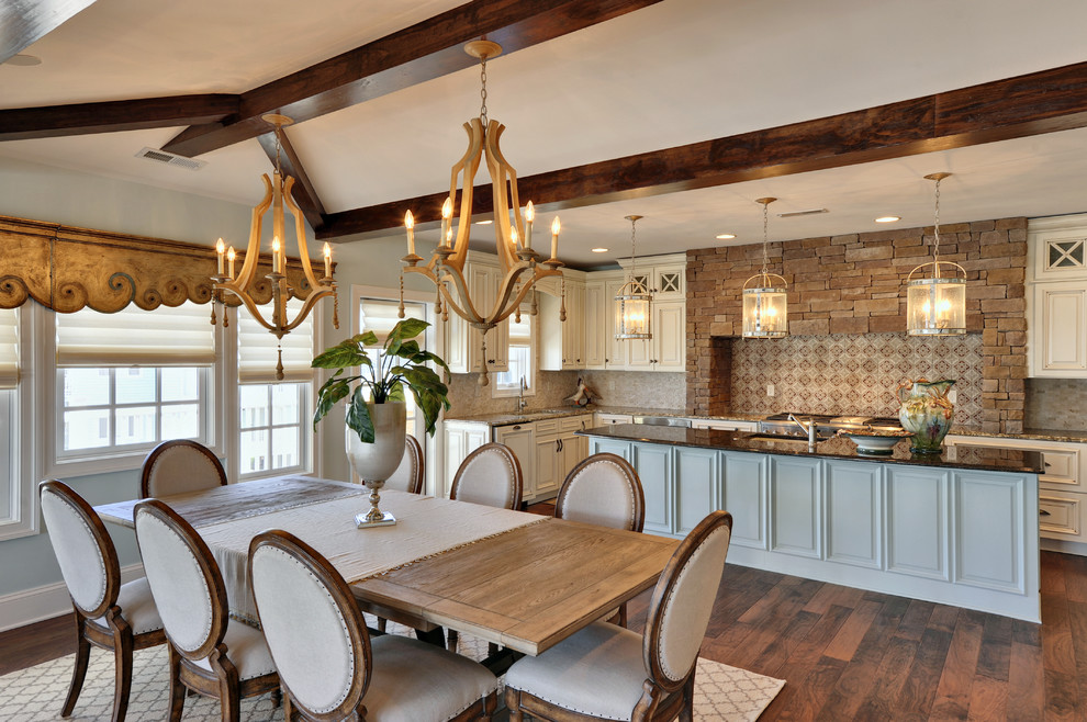 Inspiration for a traditional kitchen/dining room in Philadelphia with blue walls and dark hardwood flooring.