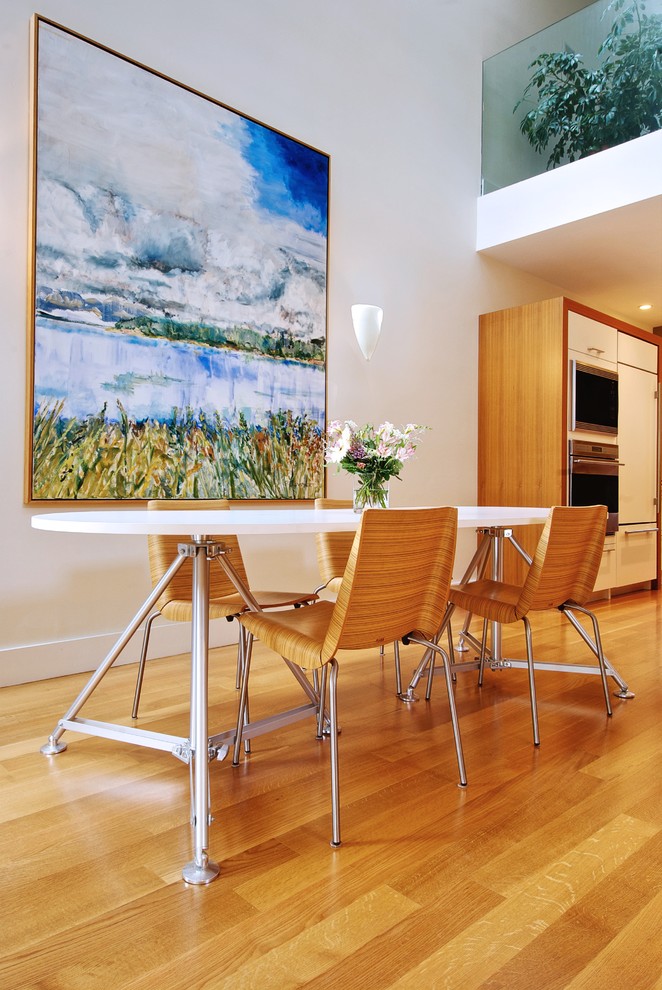 Minimalist medium tone wood floor dining room photo in Toronto with white walls