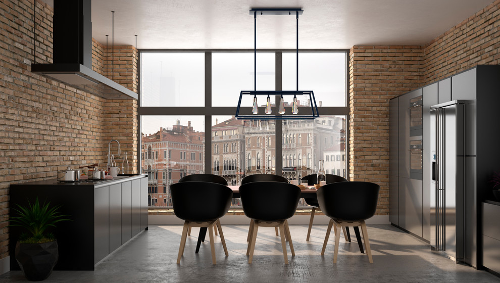 Стильный дизайн: кухня-столовая среднего размера в стиле модернизм с красными стенами, бетонным полом и серым полом без камина - последний тренд