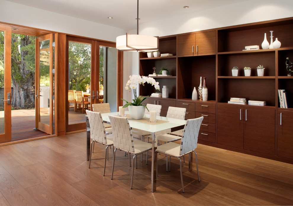 Design ideas for a medium sized contemporary open plan dining room in San Francisco with white walls, medium hardwood flooring, a standard fireplace, a stone fireplace surround and brown floors.