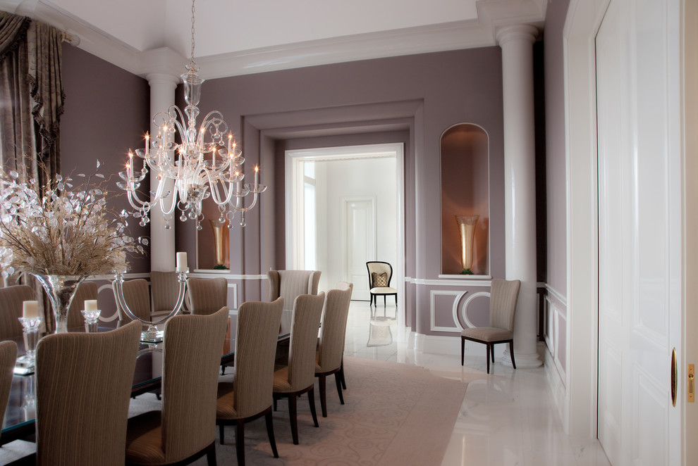 Huge eclectic marble floor and white floor enclosed dining room photo in Chicago with purple walls and no fireplace
