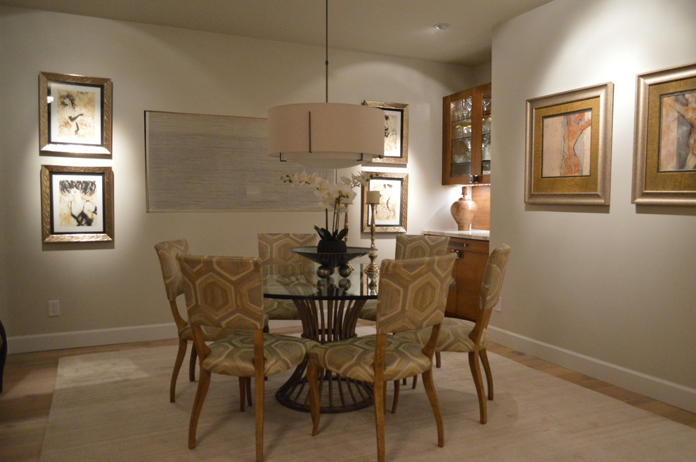 Inspiration for a medium sized contemporary dining room in Phoenix with beige walls and medium hardwood flooring.
