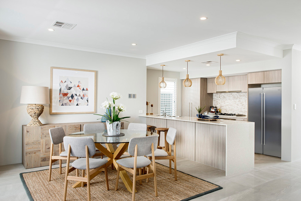 Inspiration for a contemporary open plan dining room in Perth with grey walls and feature lighting.