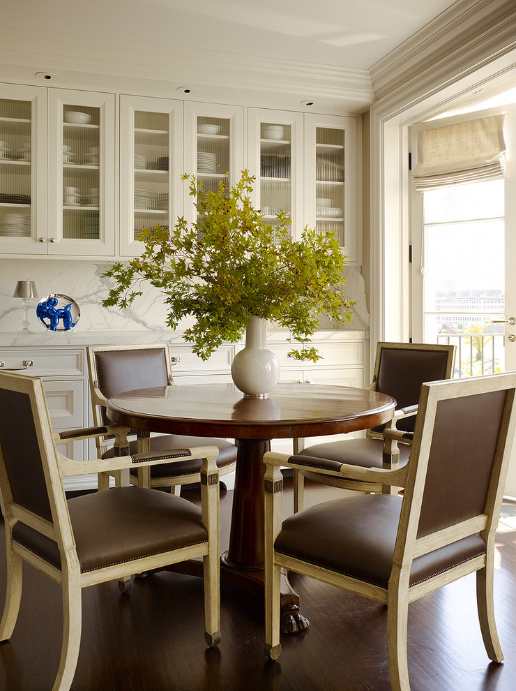 Inspiration for a traditional dining room in San Francisco with white walls.