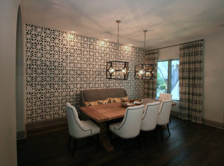 Inspiration for a medium sized eclectic dining room in Tampa with multi-coloured walls and dark hardwood flooring.