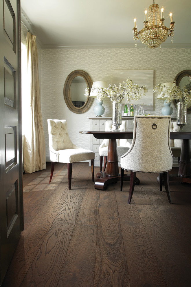 Mid-sized elegant dark wood floor dining room photo in Manchester with white walls