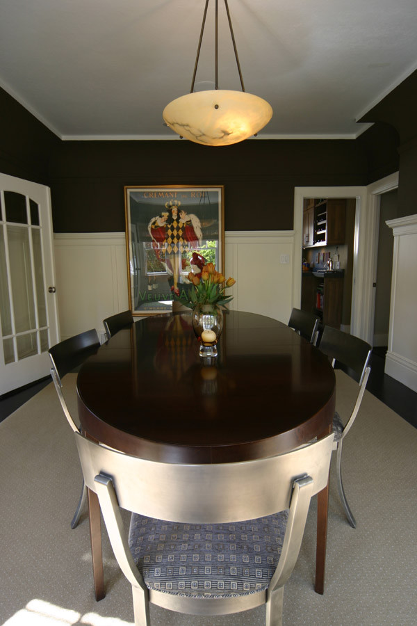 Example of a mid-sized classic dark wood floor dining room design in San Francisco with black walls and no fireplace