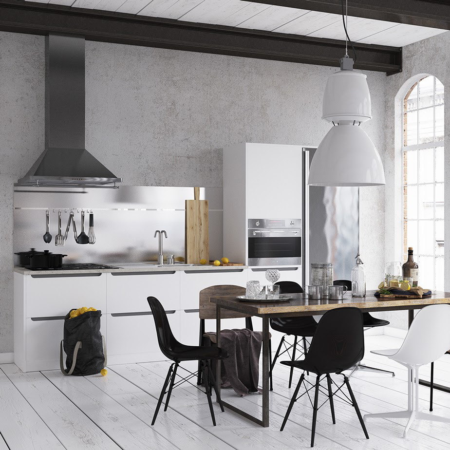 Источник вдохновения для домашнего уюта: кухня-столовая среднего размера в стиле модернизм с серыми стенами, деревянным полом и белым полом без камина