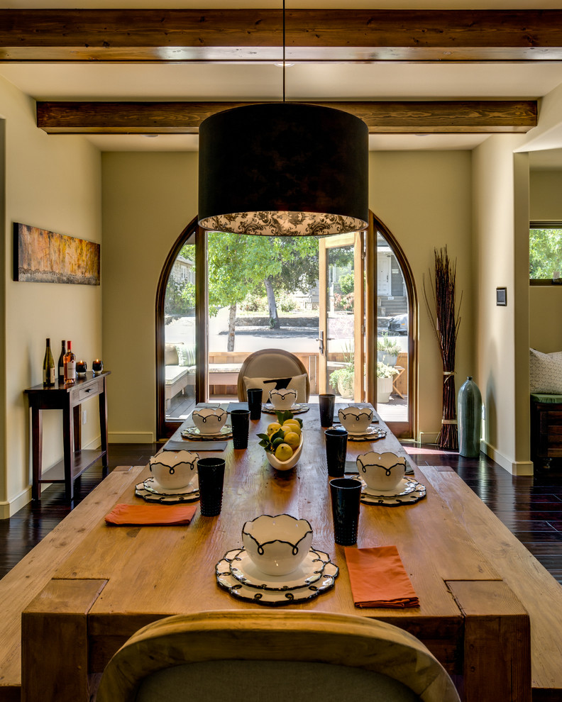 This is an example of a small eclectic dining room in San Francisco with beige walls and dark hardwood flooring.
