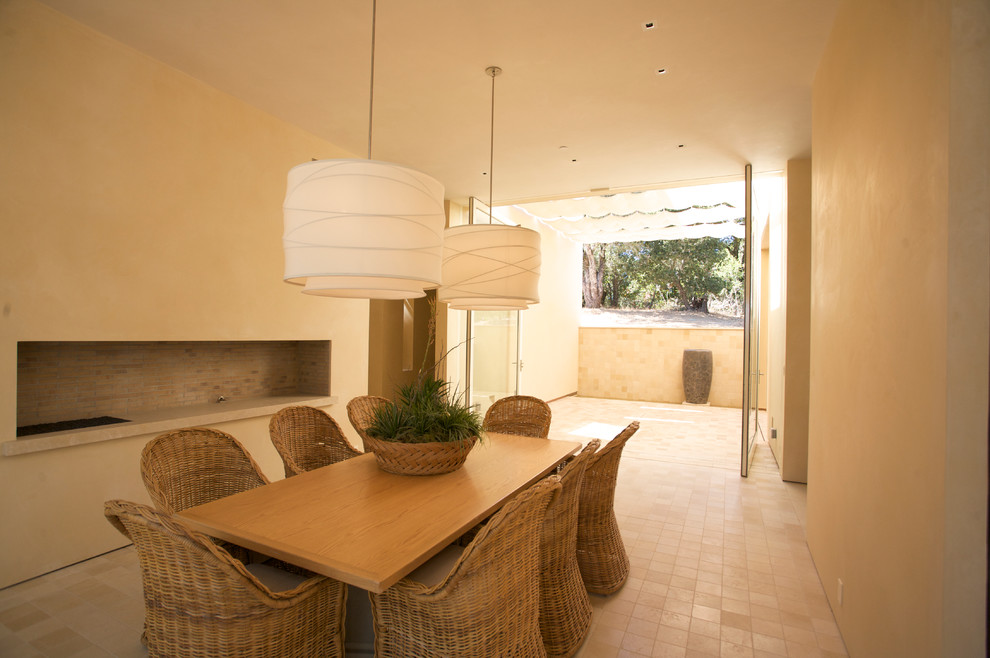 This is an example of an expansive contemporary enclosed dining room in San Francisco with a ribbon fireplace and a plastered fireplace surround.