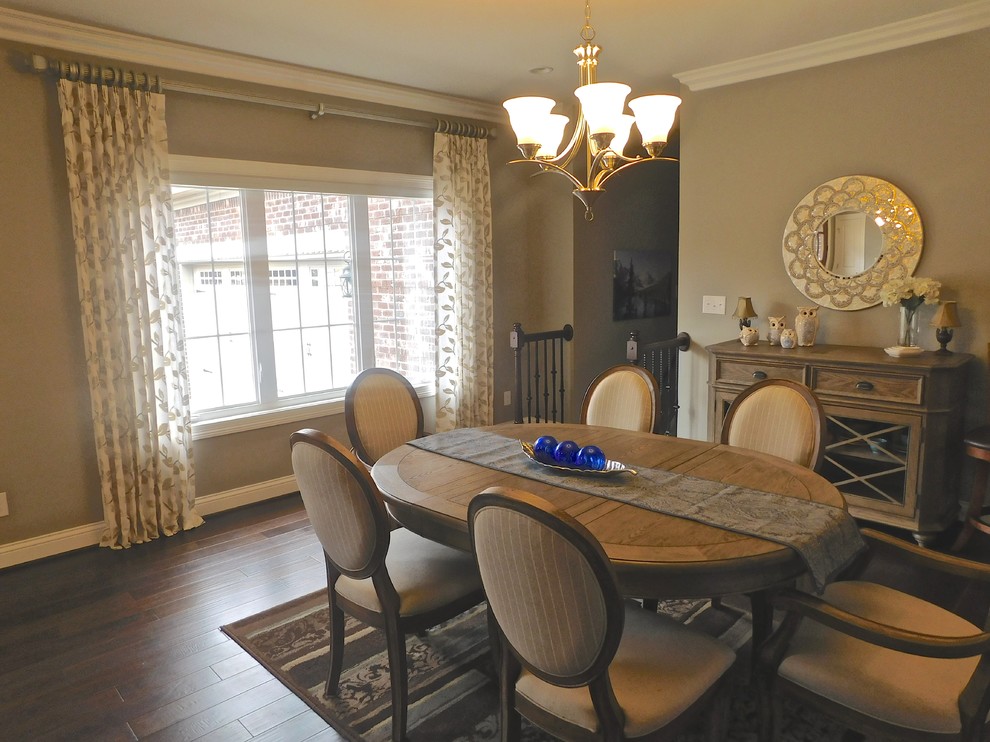 Design ideas for a traditional dining room in Louisville with grey walls and dark hardwood flooring.